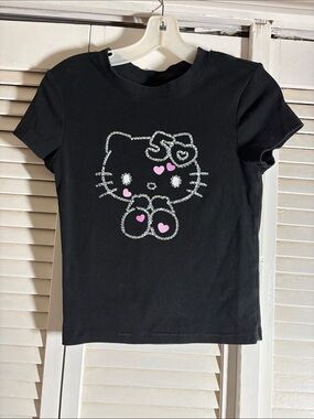 Hello Kitty Black Tee with Silver Rhinestone Outline Accents